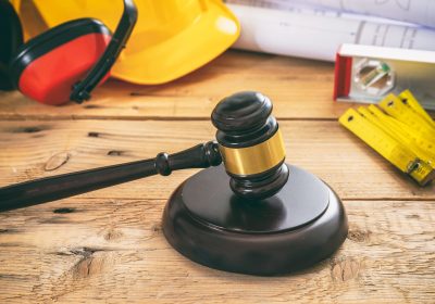 Construction and Labor law. Judge gavel and design tools on table Construction and Labor law. Judge gavel and design tools on table